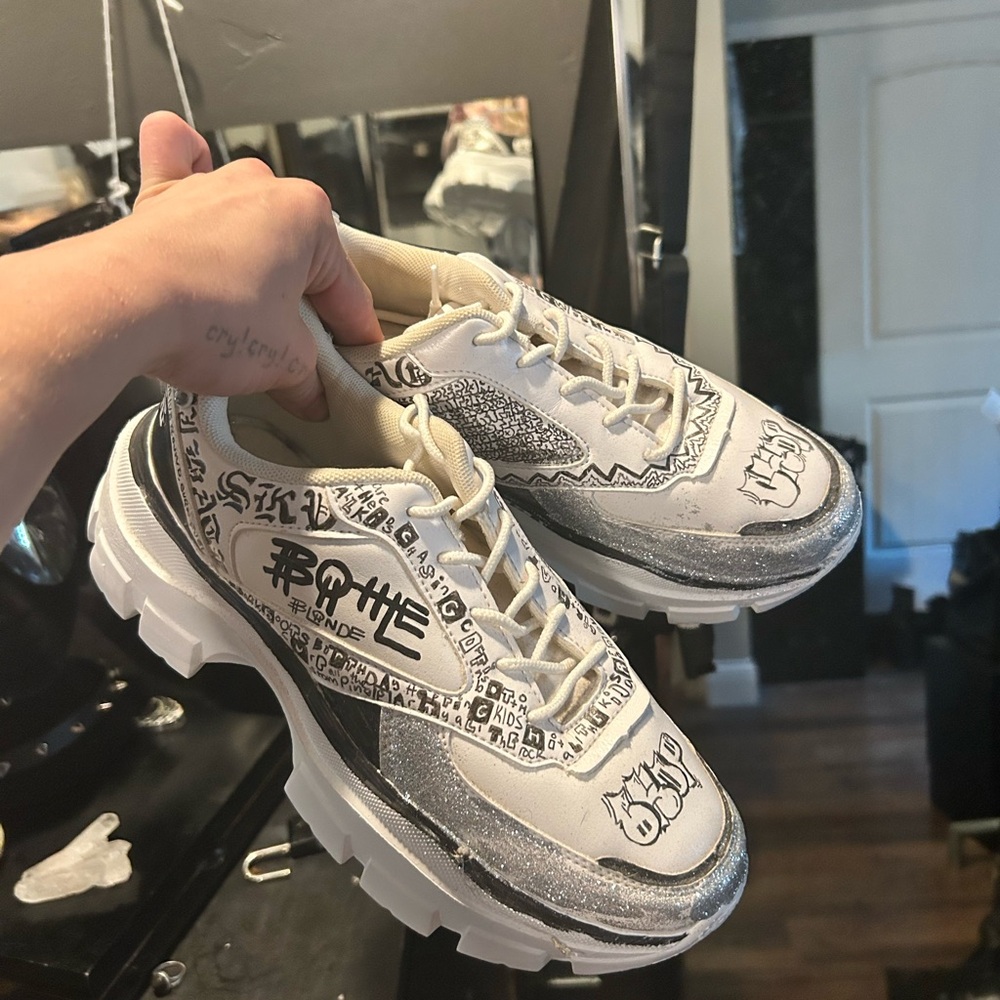 Graphic White and Silver Sneakers